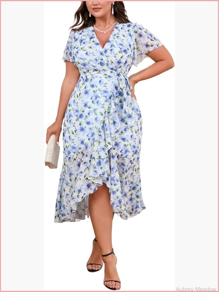 Plus Size Floral Chiffon Wrap Midi Dress With Flutter Sleeves